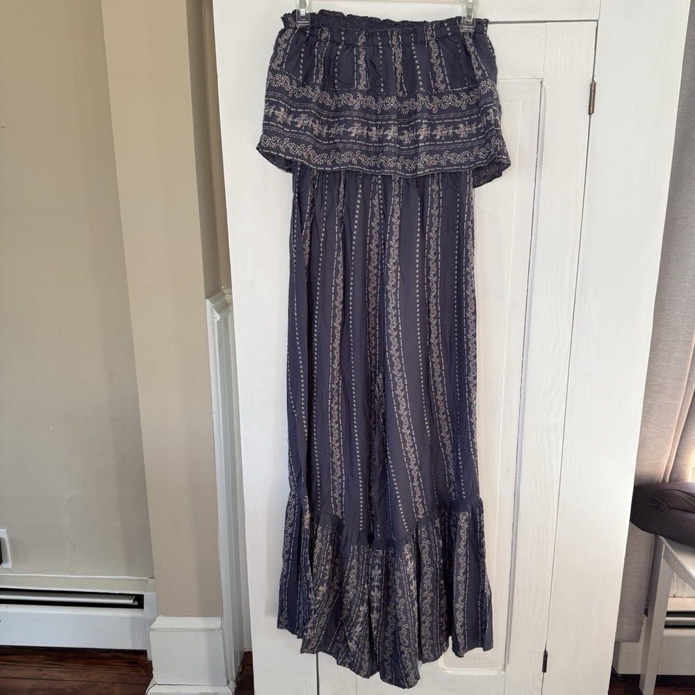 JAPNA Blue Gray Med Floral Strapless Smock Top Ruffle Wide Leg Romper Jumpsuit